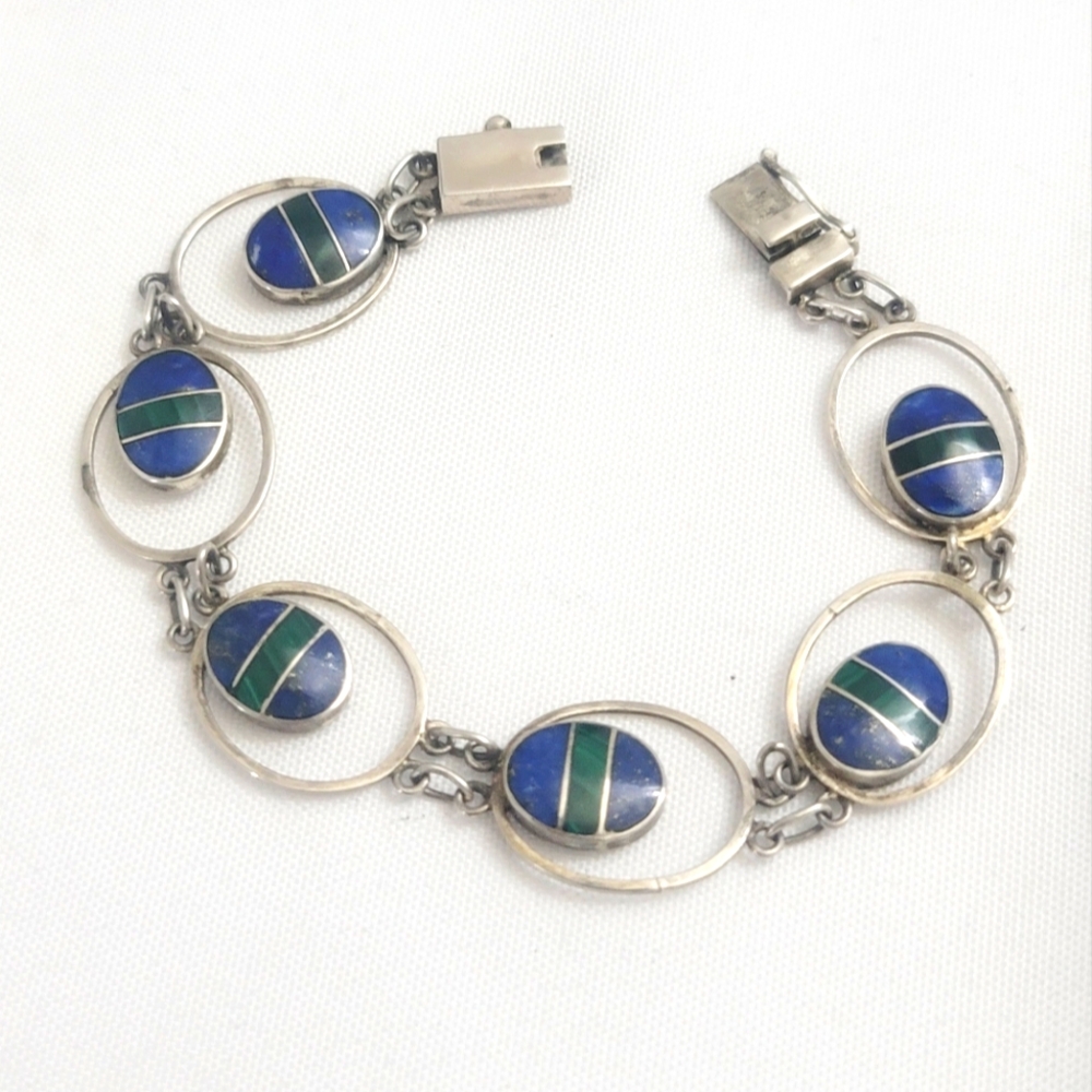 Vintage 950 Sterling Silver Lapis And Malachite Inlay Bracelet 7.5" Inch